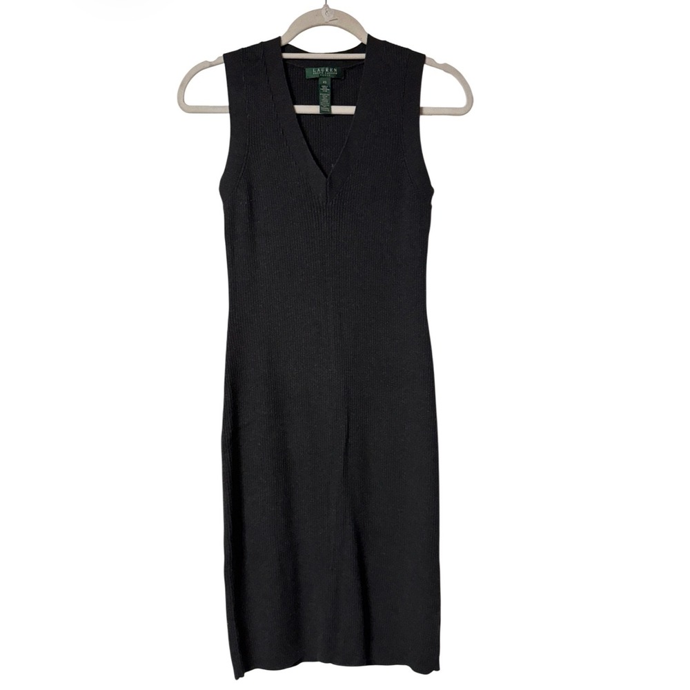 Lauren Ralph Lauren Black Ribbed V-Neck Sleeveless‎ Sweater Dress Cashmere Blend